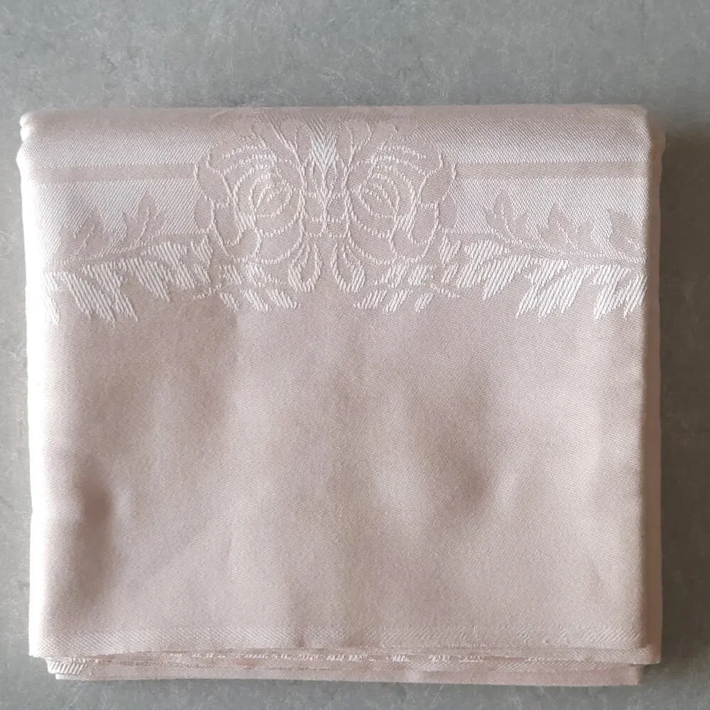 Vtg Rose Pink Damask Tablecloth Floral Cotton Rayon Shabby MCM Japan 52x74 NOS